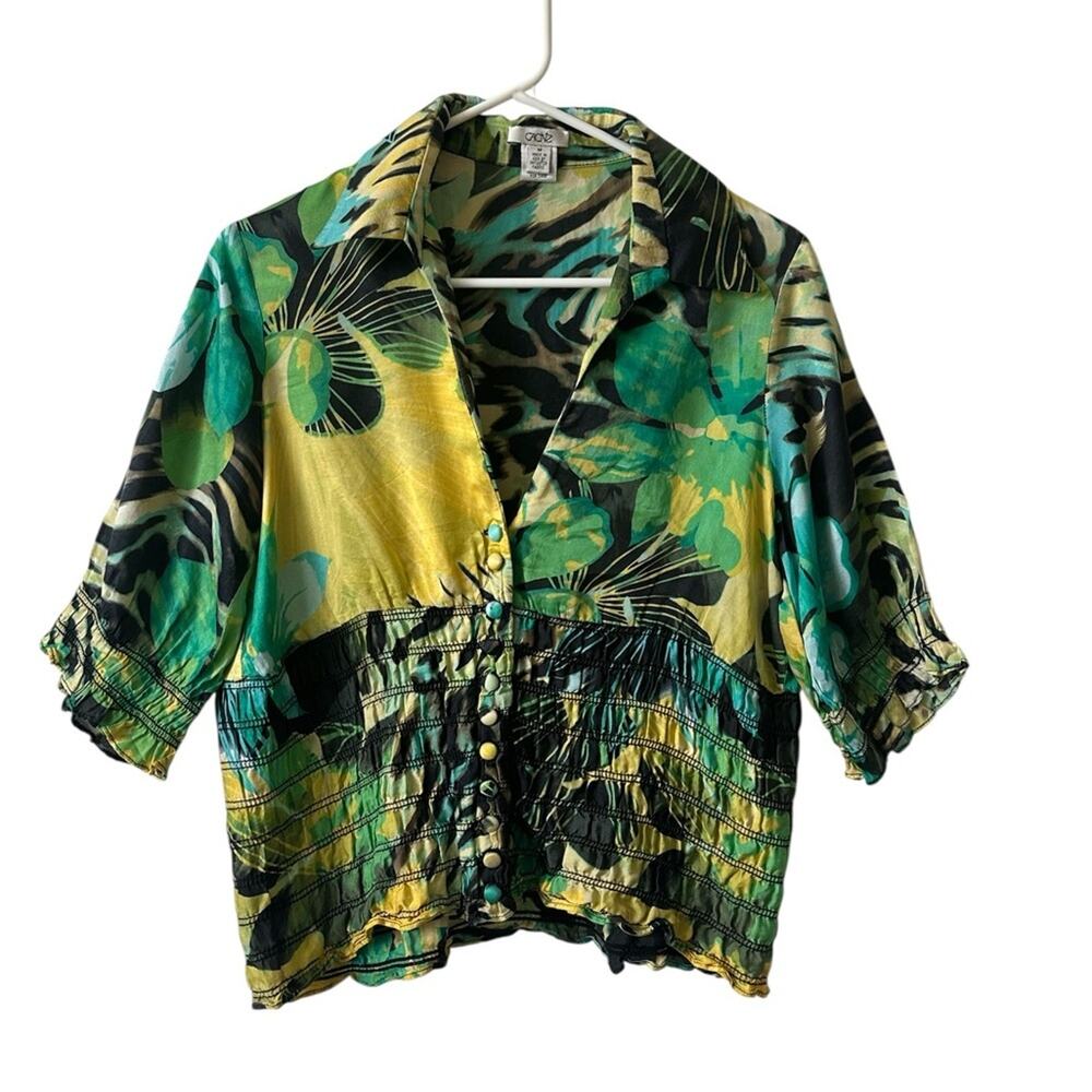 Cache Tropical Animal Print Smocked Blouse | Women Size M | Green, Yellow, Black